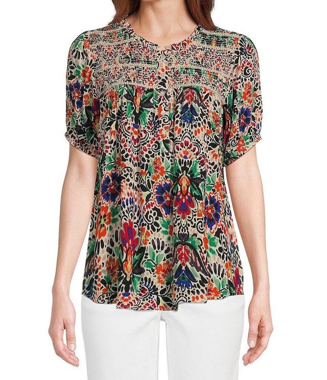 Intro Petite Size Floral Print Frill Scoop Neck Short Sleeve Smocked Yoke Lace Inset Half-Button Front Top Product Image