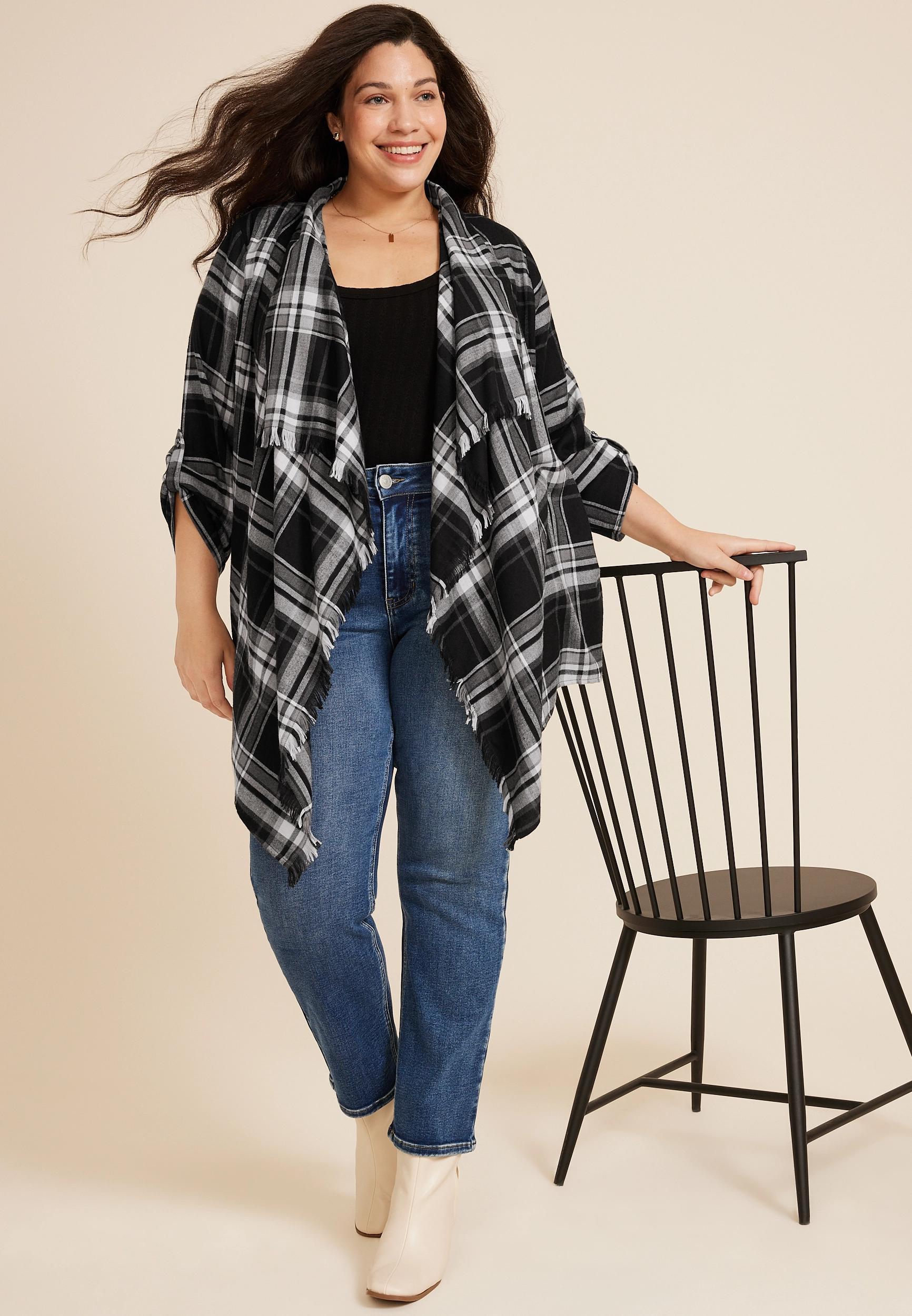 Maurices Plus Size Womens Plaid Open Front Kimono Beige Size 4X Product Image