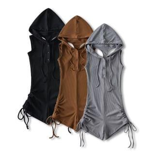 Sleeveless Henley Plain Hooded Drawstring Romper Product Image