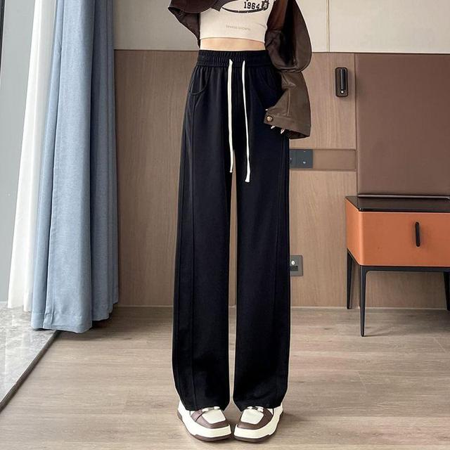 Drawstring Waist Plain Panel Wide Leg Sweatpants Product Image