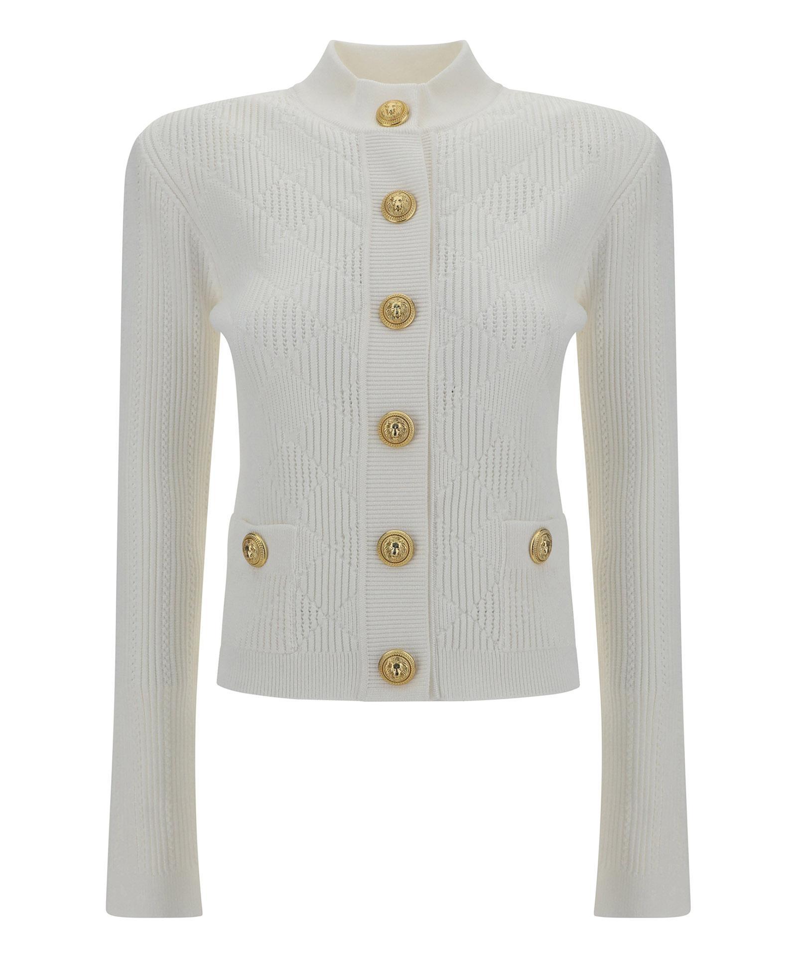 Close Fit Perforated Knit Cardigan In White Product Image