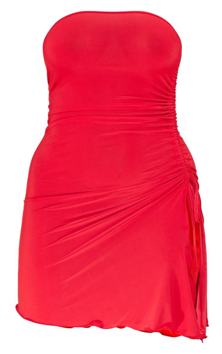 Shape Red Slinky Bandeau Ruched Side Frill Hem Bodycon Dress Product Image