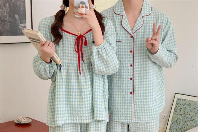 Couple Matching Long Sleeve Square Neck Plaid Bow Pajama Blouse / Collared Shirt / Straight Leg Pants / Pajama Dress / Set (Various Designs) Product Image