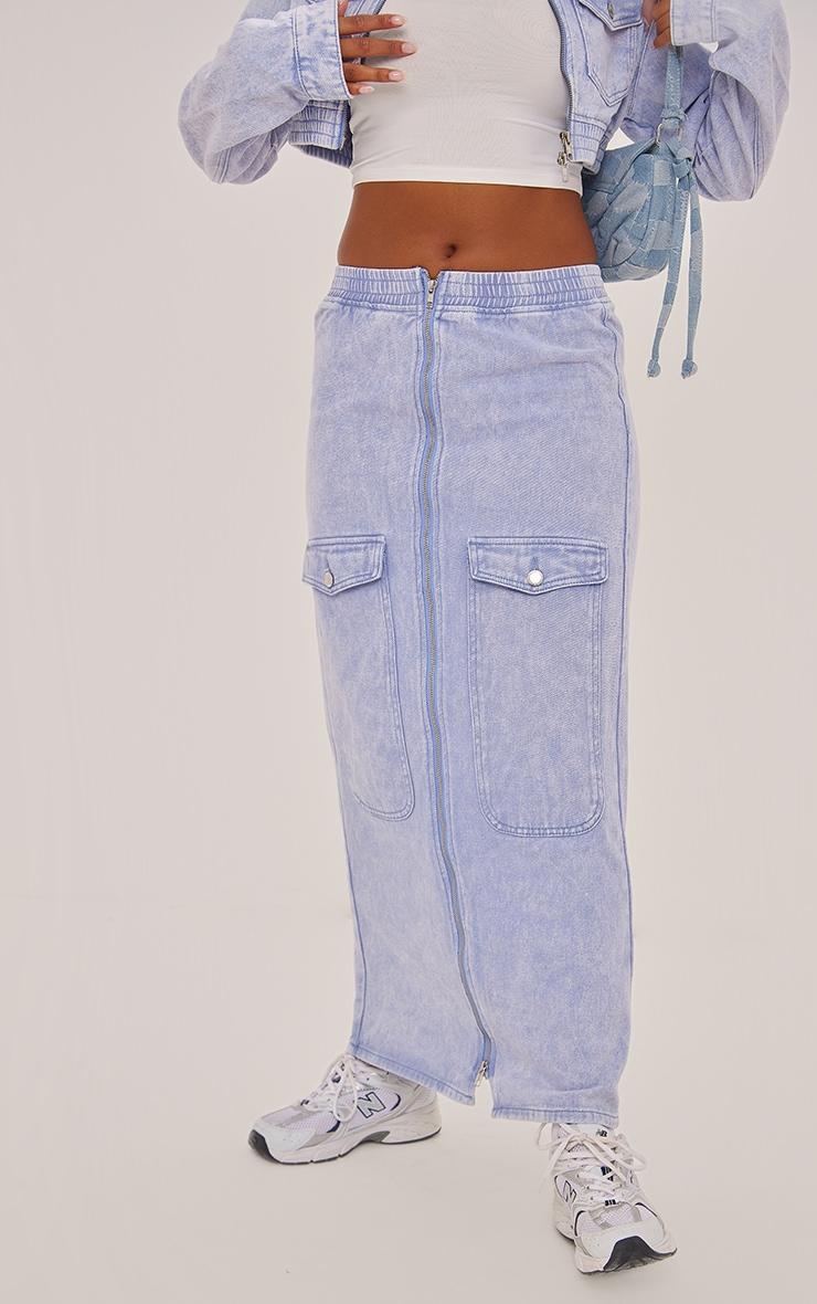 Washed Blue Cargo Pocket Zip Front Midi Denim Skirt Product Image