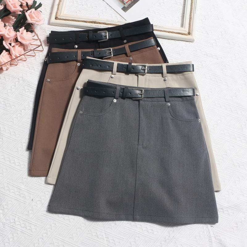 High Waist Plain Belted Mini A-Line Skirt Product Image