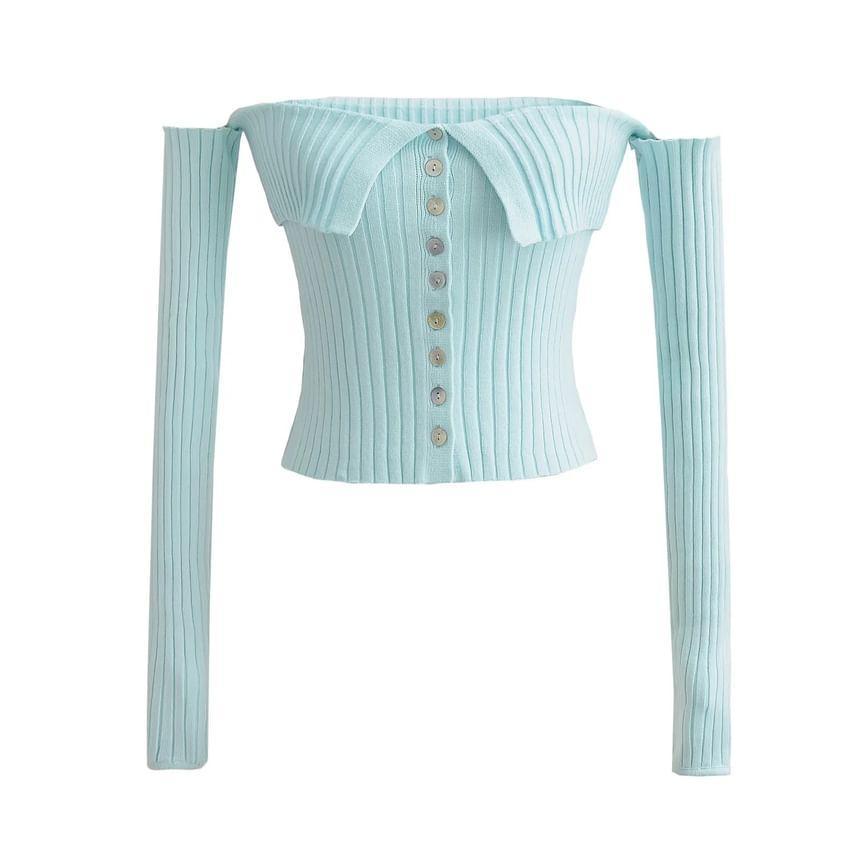 Off-Shoulder Long Sleeve Plain Ribbed Knit Button Up Cropped Top Product Image