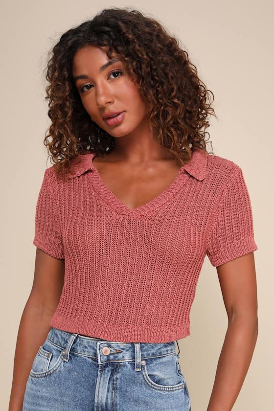 Daily Chill Rust Rose Collared Short Sleeve Sweater Top Product Image