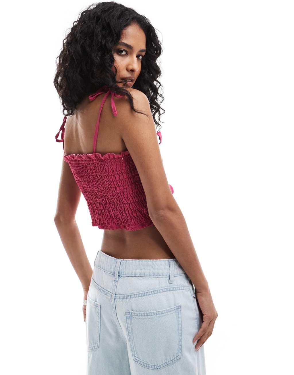 ONLY front tie crop top in dark pink Product Image