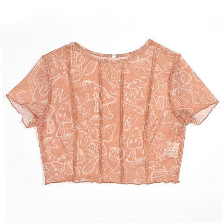 Short-Sleeve Mesh Ruffle Trim Mushroom Print Crop Top Product Image