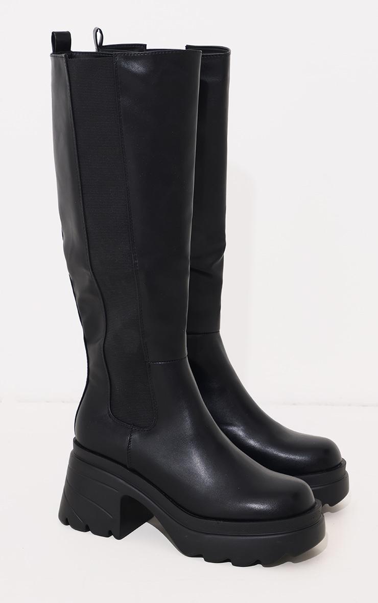 Black PU Chunky Chelsea Heeled Knee Boots Product Image