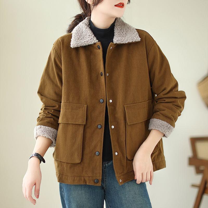 Collar Two Tone Fleece-Lined Button Jacket Product Image