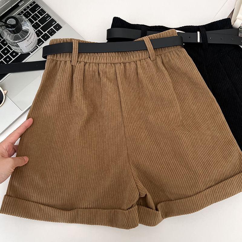 High Waist Plain Roll Up Hem Shorts Product Image