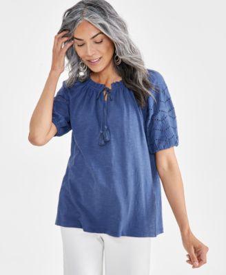 Style & Co Womens Cotton Mixed-Media Embroidered Blouse, Created for Macys Product Image