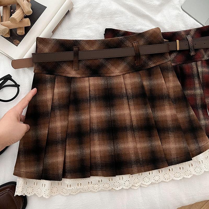 High Rise Plaid Lace Trim Pleated A-Line Mini Skirt With Belt Product Image