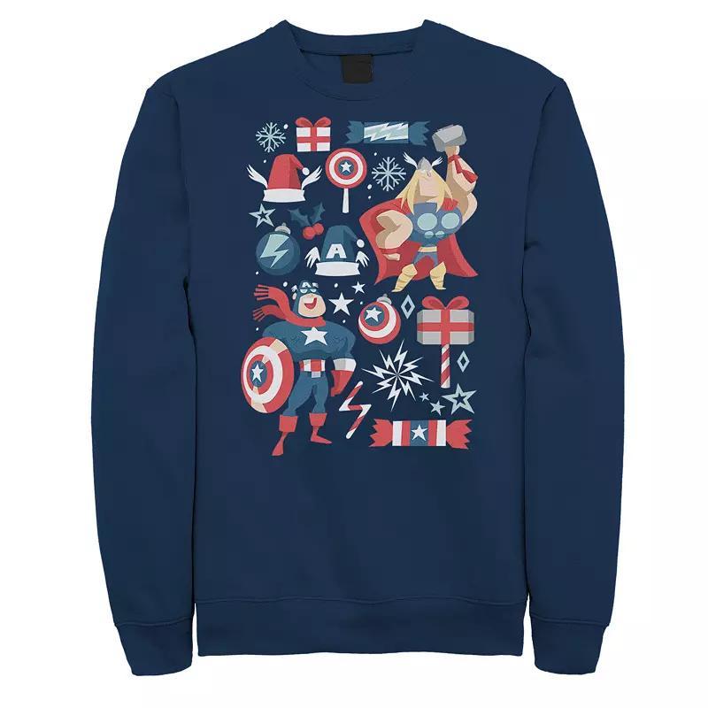 Mens Marvel Avengers Thor And Captain America Holiday Collage Sweatshirt Blue Product Image