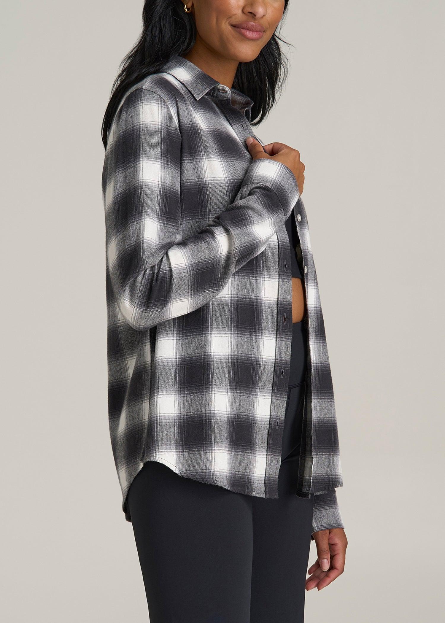 Flannel Button-Up Shirt for Tall Women in Grey and White Plaid Female Product Image