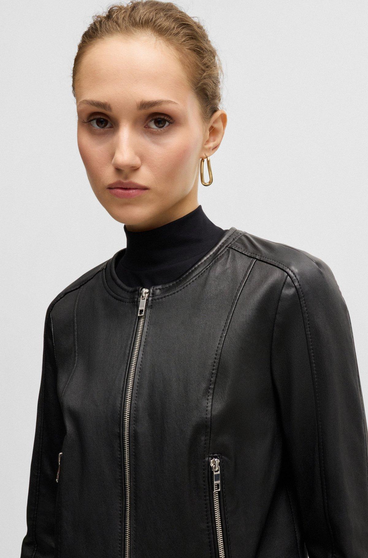 Collarless slim-fit jacket in rich leather Product Image