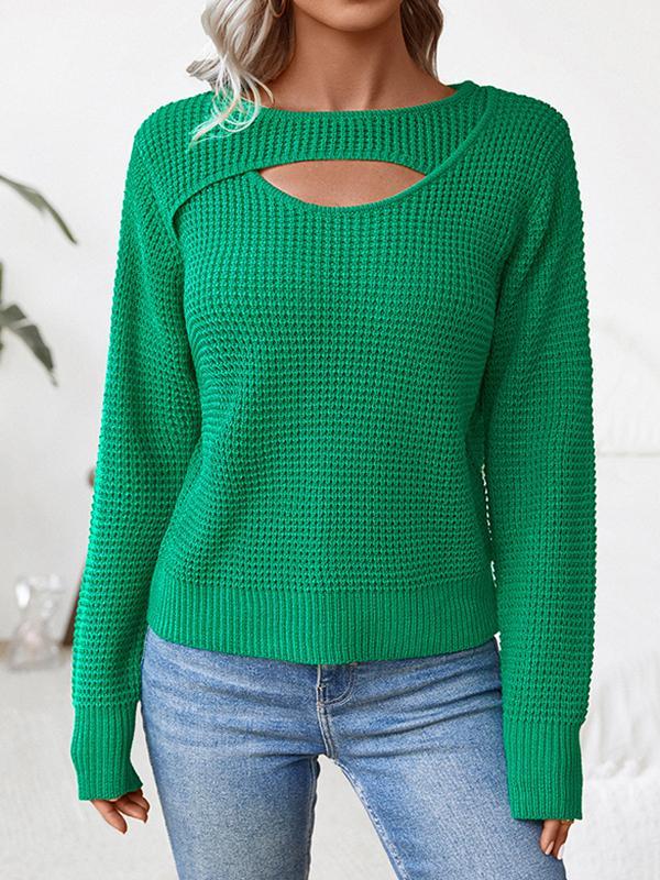 Long Sleeves Loose Hollow Solid Color Split-Joint Round-Neck Pullovers Sweater Tops Product Image