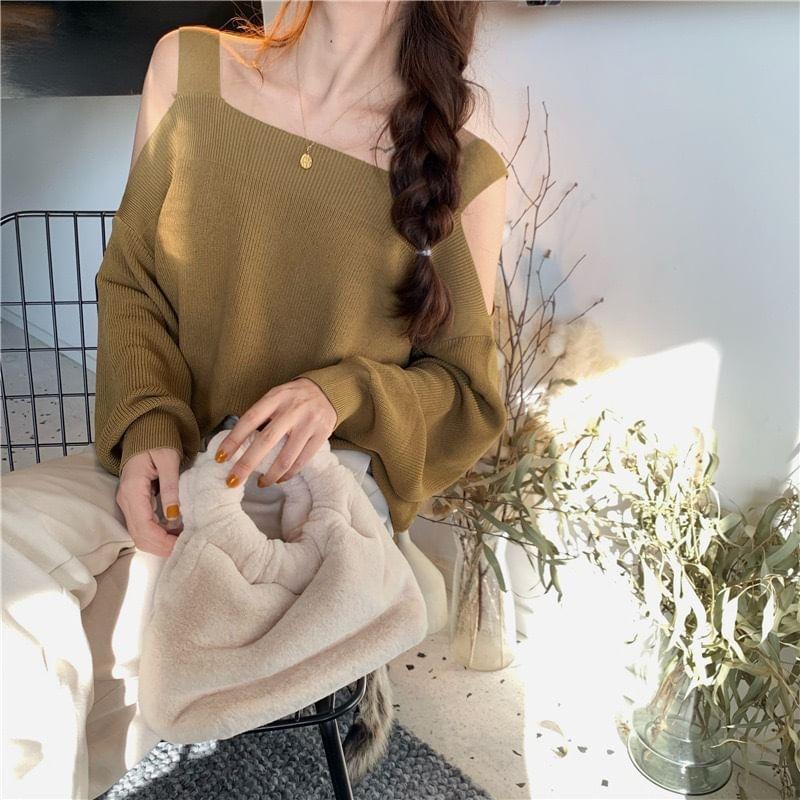 Long Sleeve Cold-Shoulder Plain Loose-Fit Sweater product image