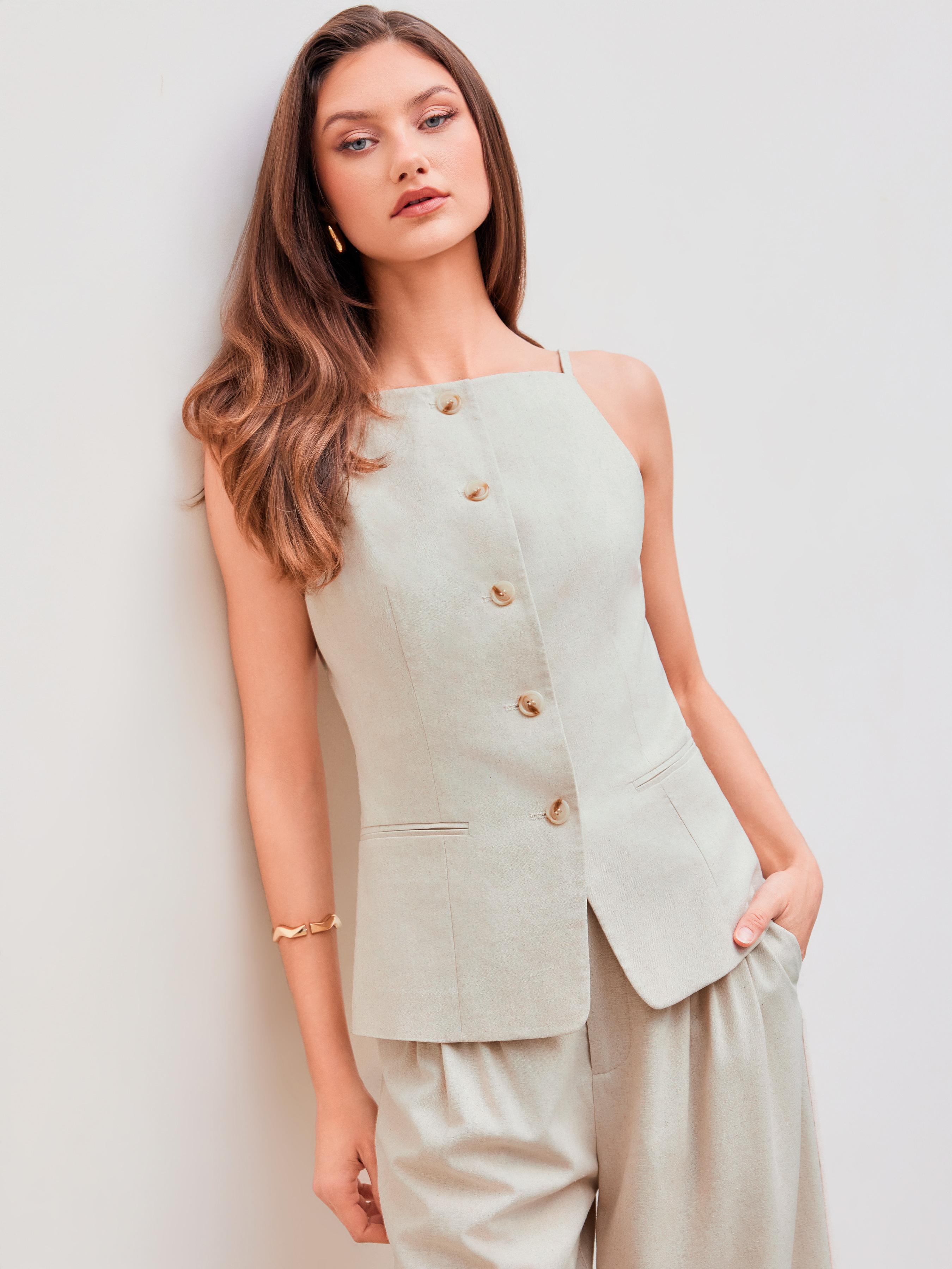 Linen-blend Square Neck Solid Blazer Vest Product Image