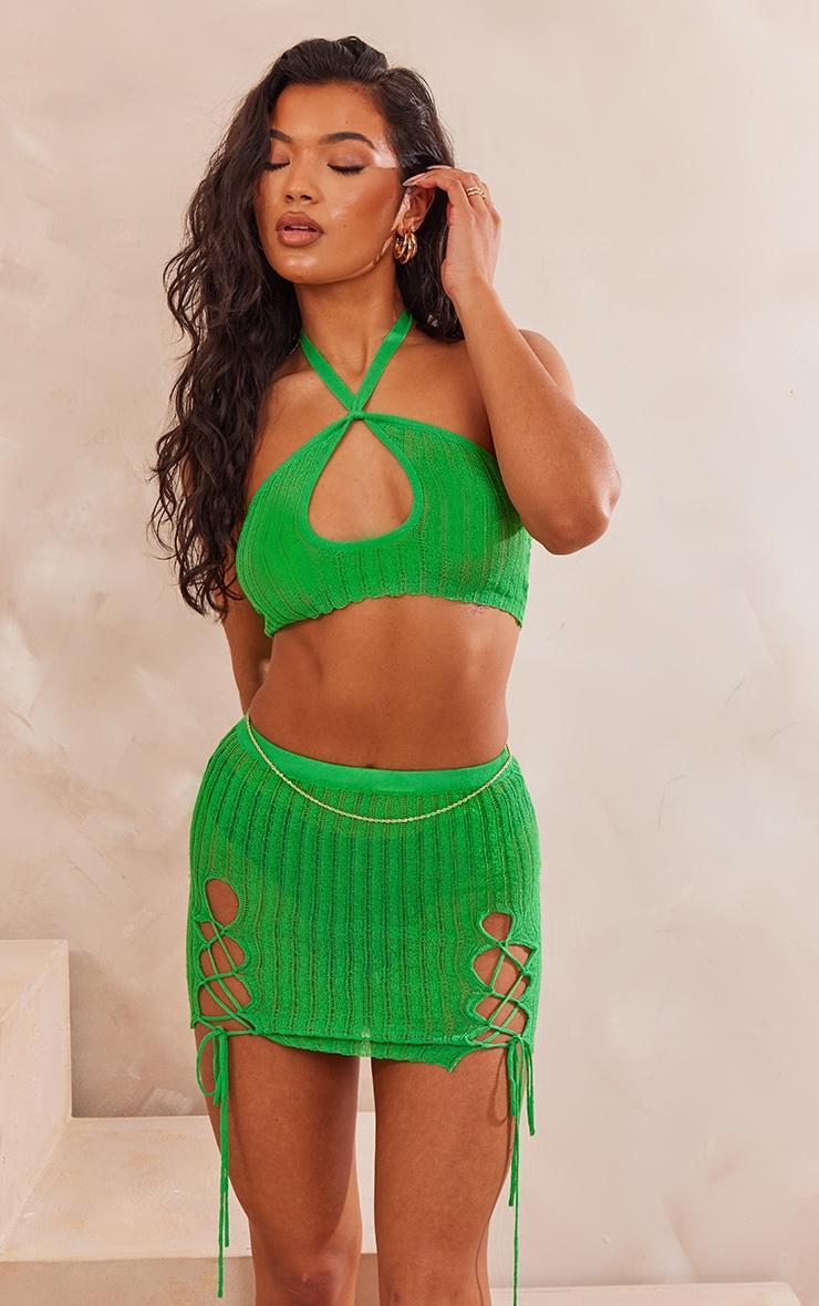 Bright Green Sheer Knit Lace Up Mini Skirt Product Image