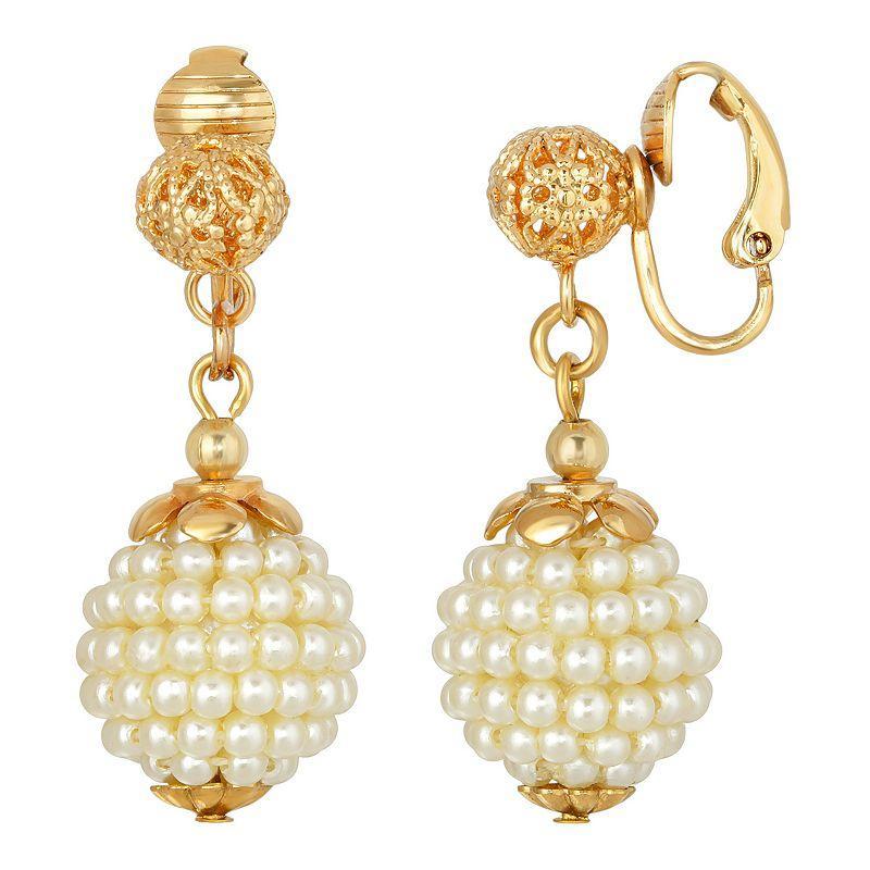 1928 Gold Tone Beaded Simulated Pearl Clip-On Drop Earrings, Womens, White Product Image