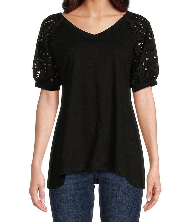 Calessa Petite Size Knit Eyelet Embroidered V-Neck Elbow Sleeve Pullover Blouse Product Image