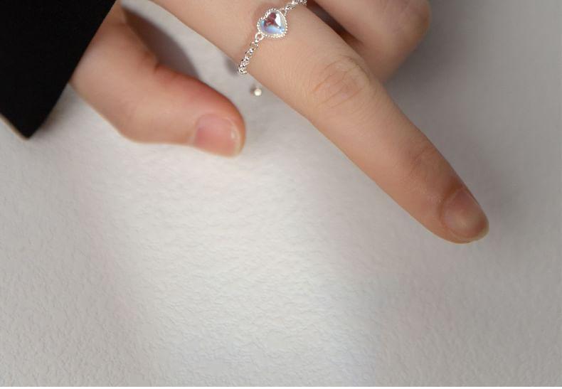 925 Sterling Silver Faux Moonstone Heart Adjustable Ring Product Image