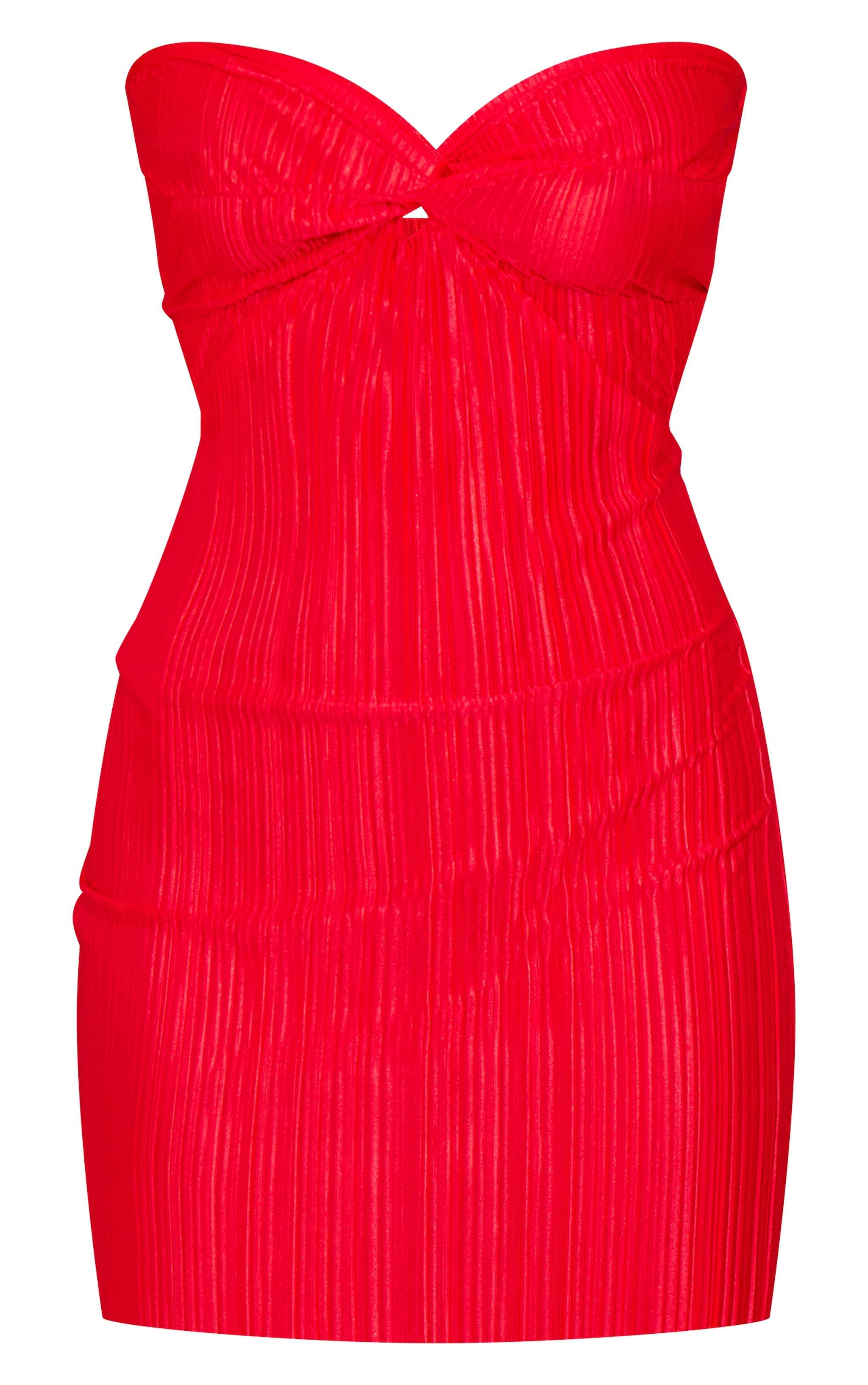 Bright Red Plisse Knot Detail Bandeau Bodycon Dress Product Image