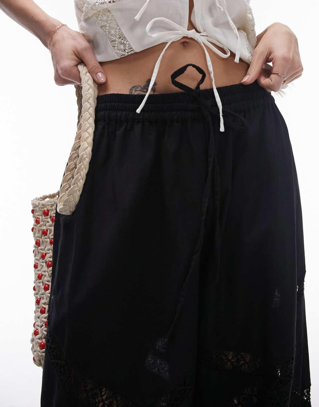 Topshop linen lace insert elasticated wide leg pants in black Product Image