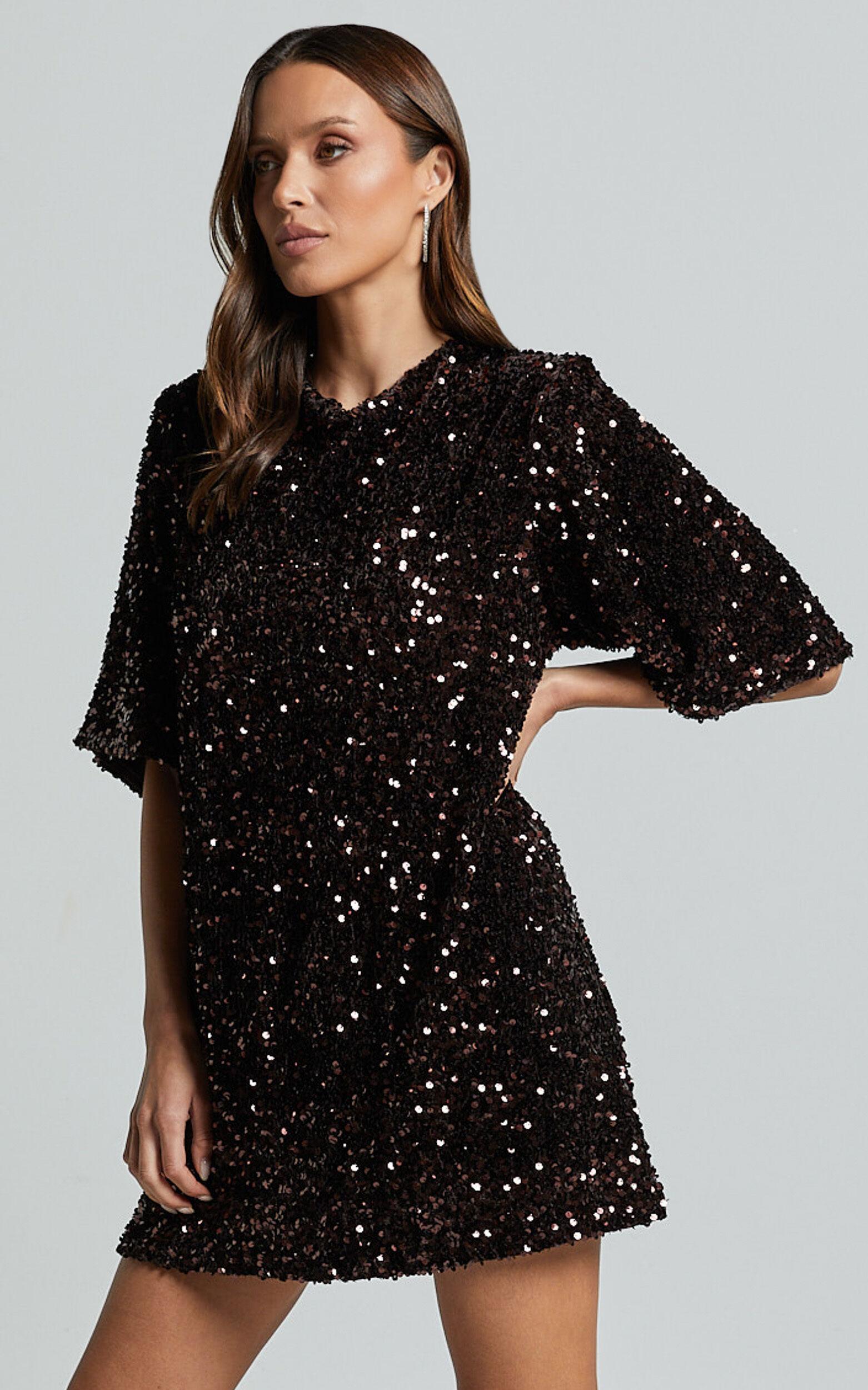 Valetta Mini Dress - Sequin low back shift dress in Chocolate Product Image