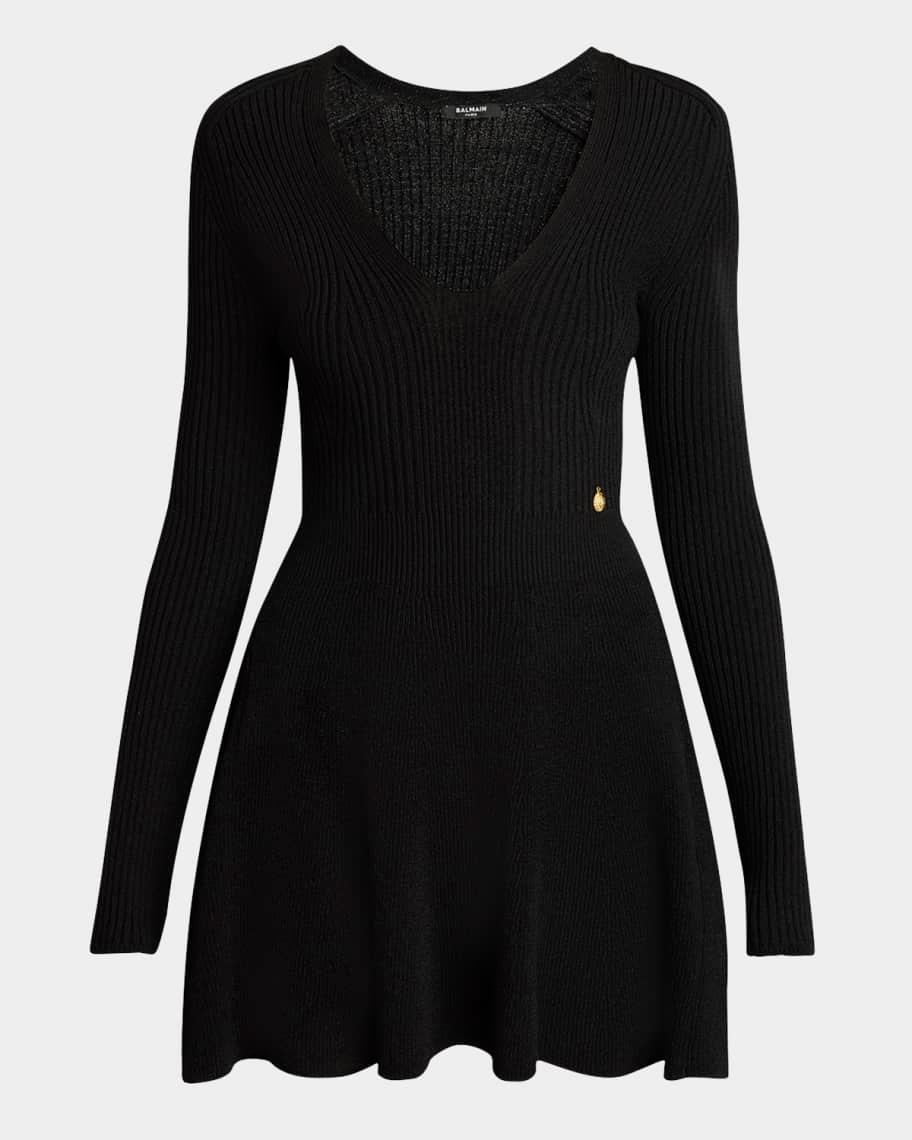 Plunging Long-Sleeve Rib Knit Mini Dress product image