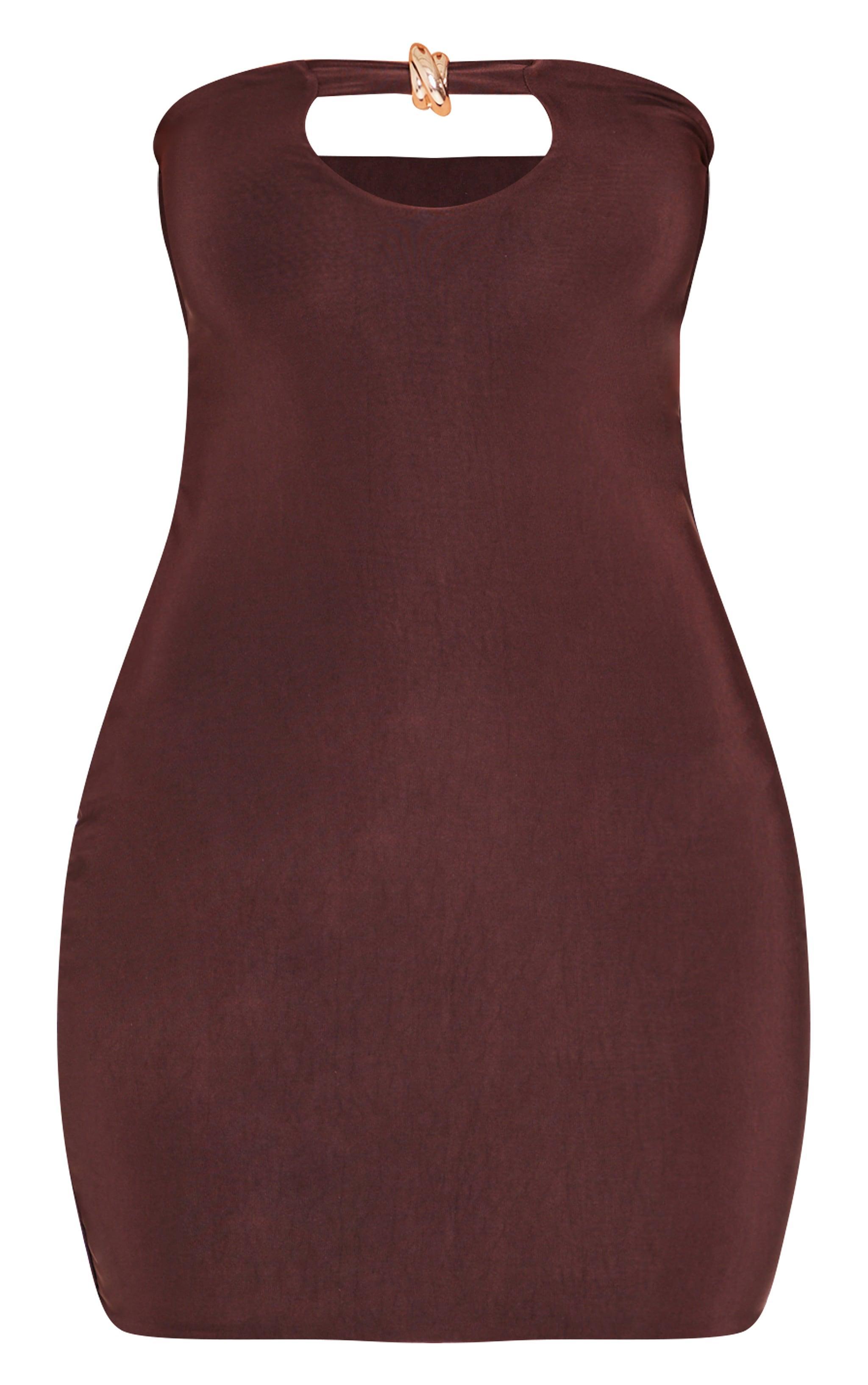 Chocolate Double Layer Slinky Trim Detail Bandeau Mini Dress Product Image