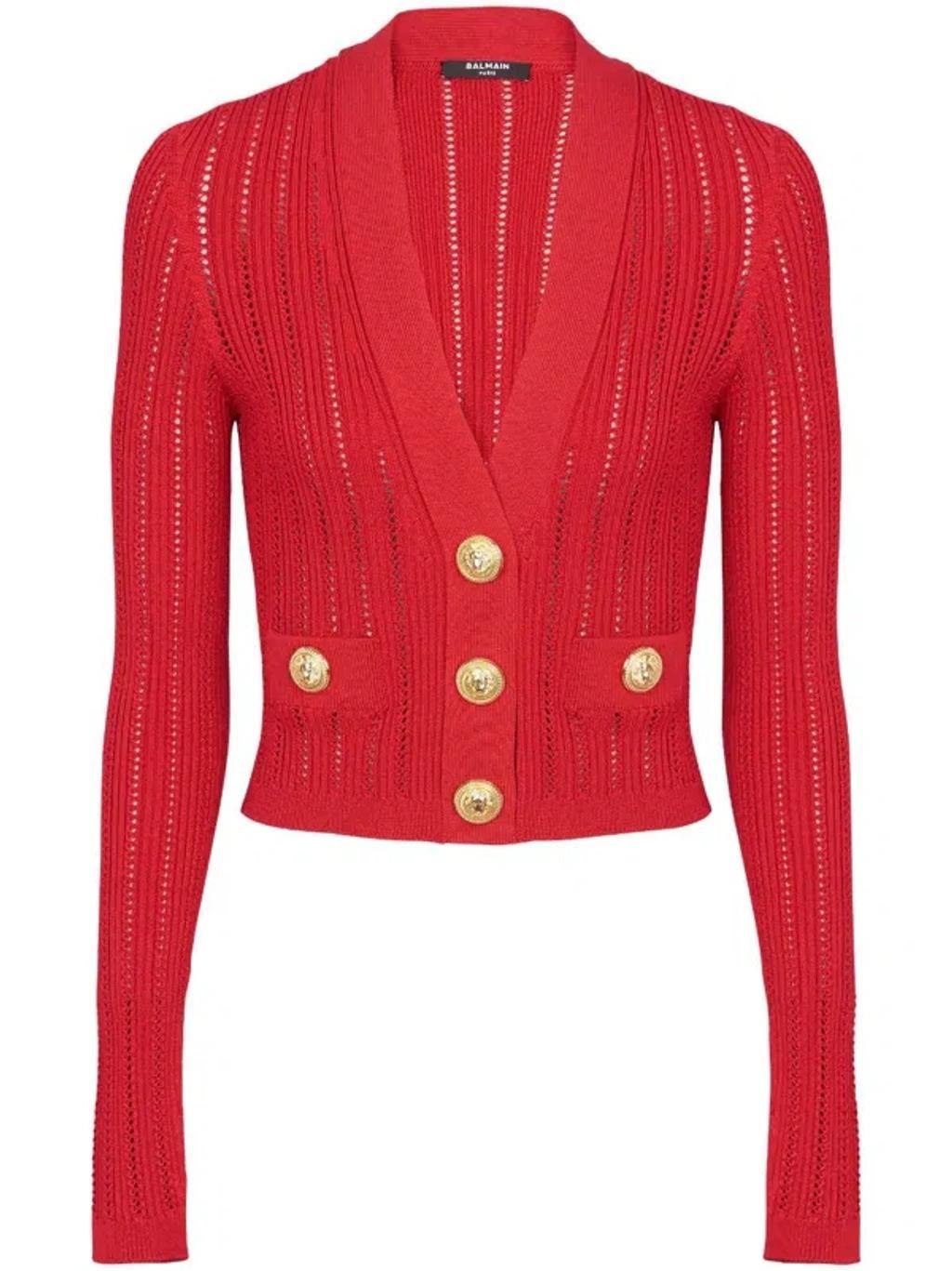 Cropped Knitted V-neck Cardigan In Red Product Image