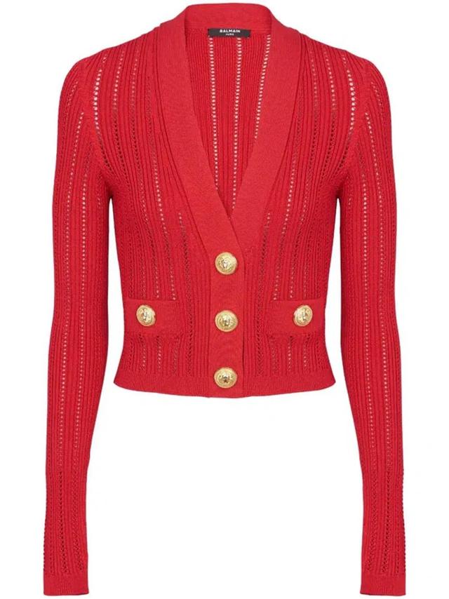 Cropped Knitted V-neck Cardigan In Red Product Image