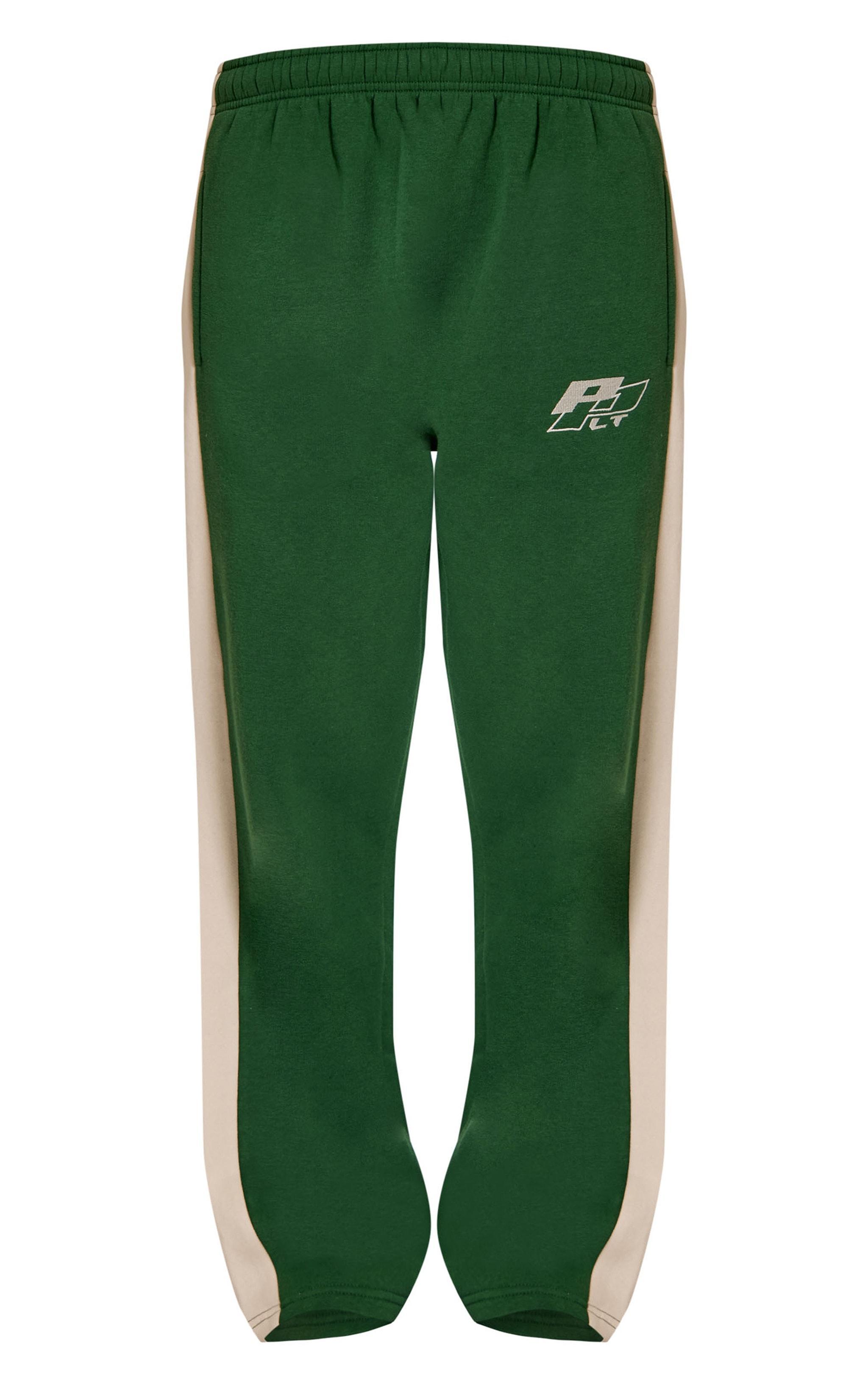 PRETTYLITTLETHING Forest Green Embroidered Contrast Straight Leg Sweatpants Product Image