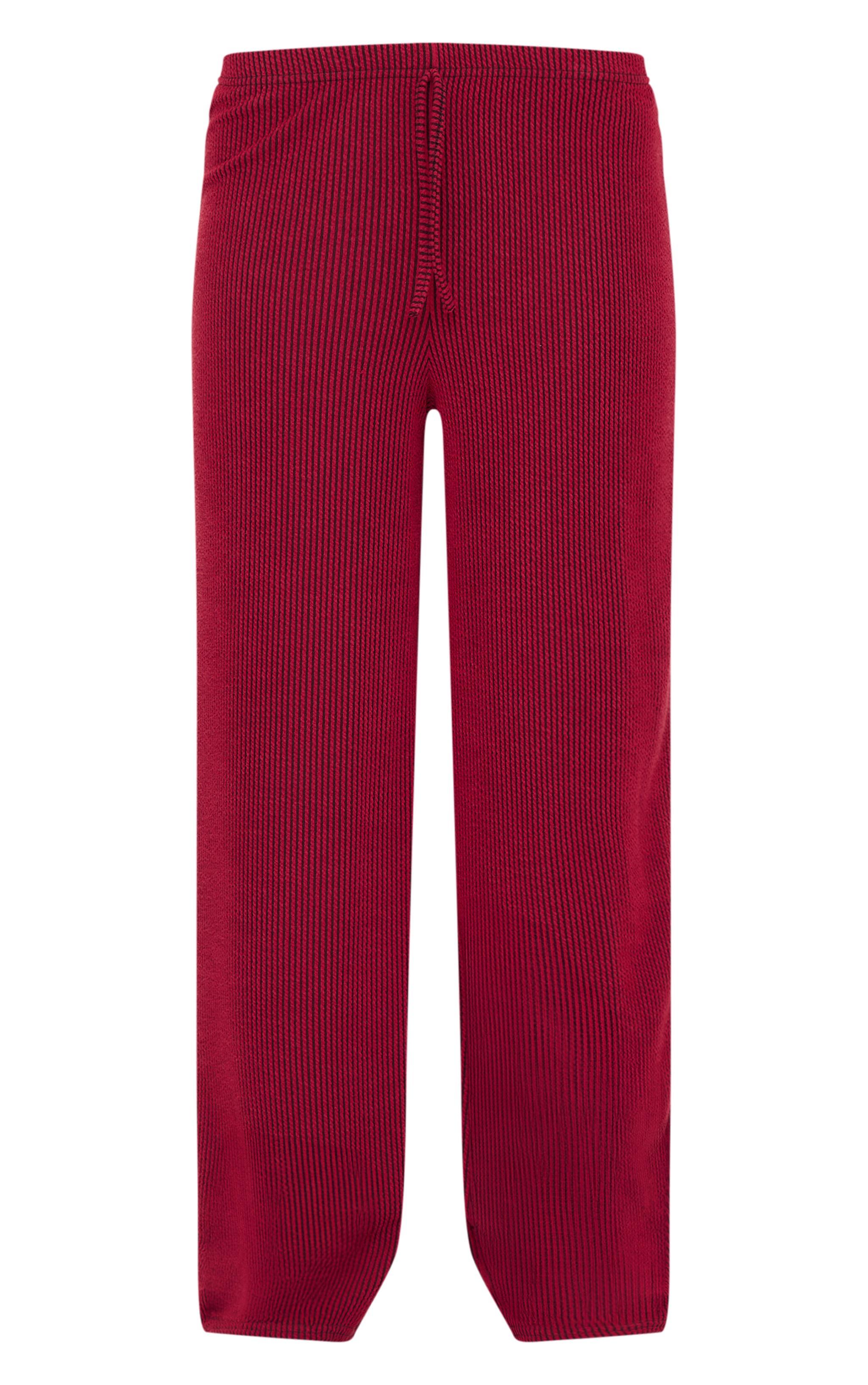 Burgundy Two Tone Crinkle Rib Slouchy Fit Pants Product Image