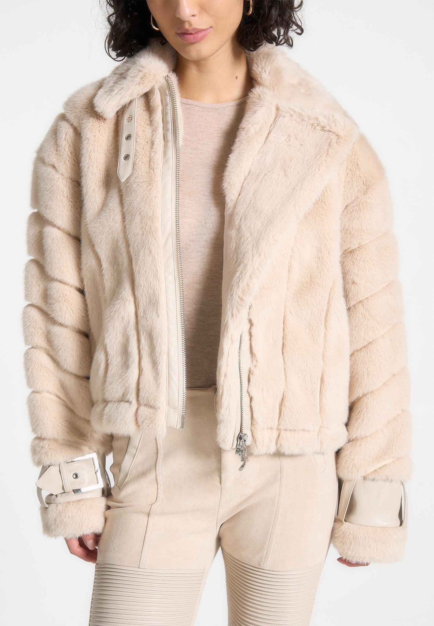 Oversized Ribbed Plush Jacket with Lapel - Beige Female Product Image