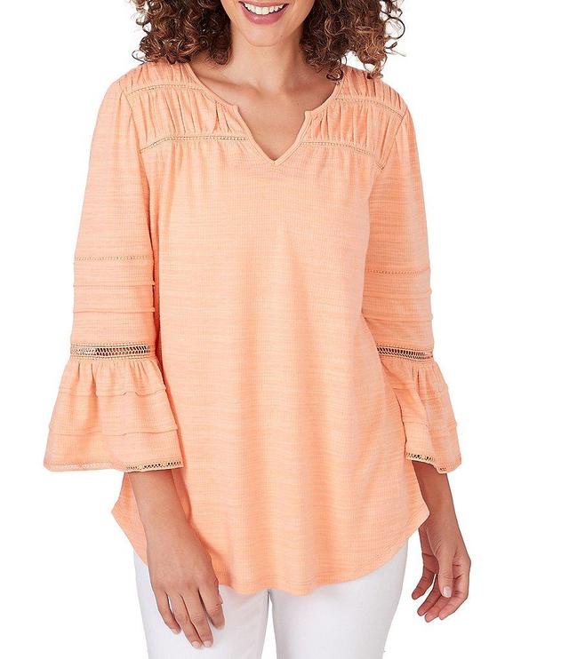 Ruby Rd. Petite Size Split V-Neck 3/4 Sleeve Inset Trim Detail Knit Top Product Image