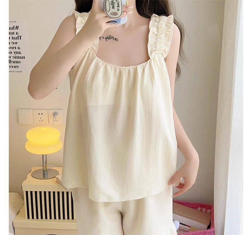 Pajama Set: Plain Ruffle Camisole Top + Shorts Product Image