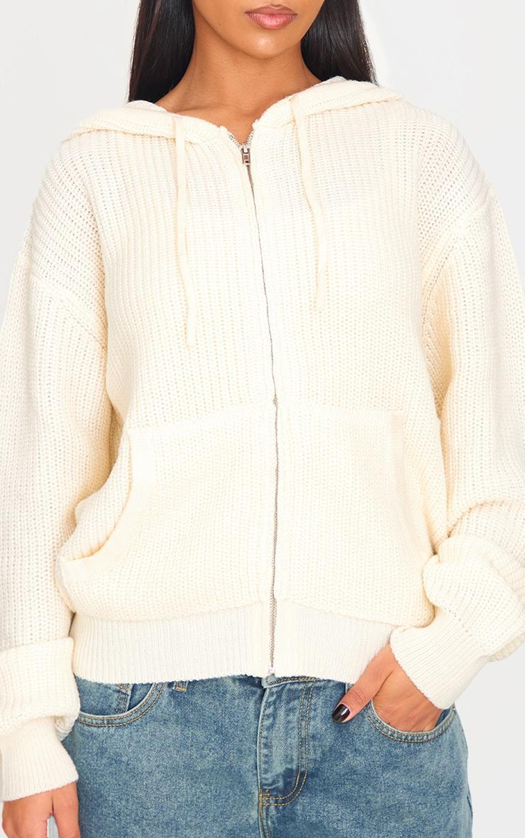 Cream Thick Rib Knit Zip Up Hoodie Product Image