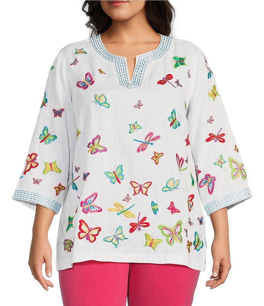 John Mark Plus Size Linen Blend Butterfly Embroidery Split V-Neck 3/4 Sleeve Tunic Product Image