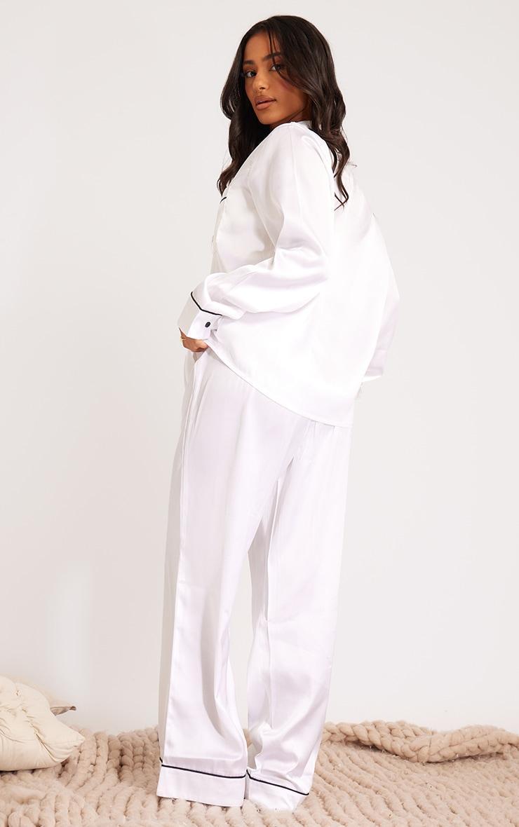 Petite White Contrast Piping Satin Long PJ Set Product Image