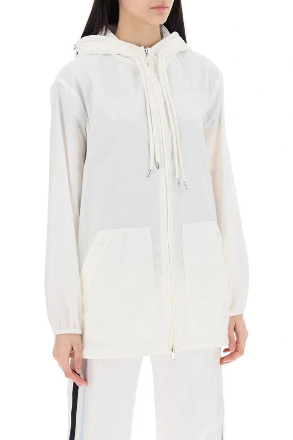 MONCLER White Mesh Embellished Parka Jacket For Women Product Image