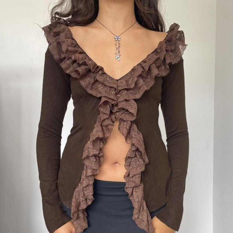 Long Sleeve V-Neck Ruffle Trim Crop Top Product Image