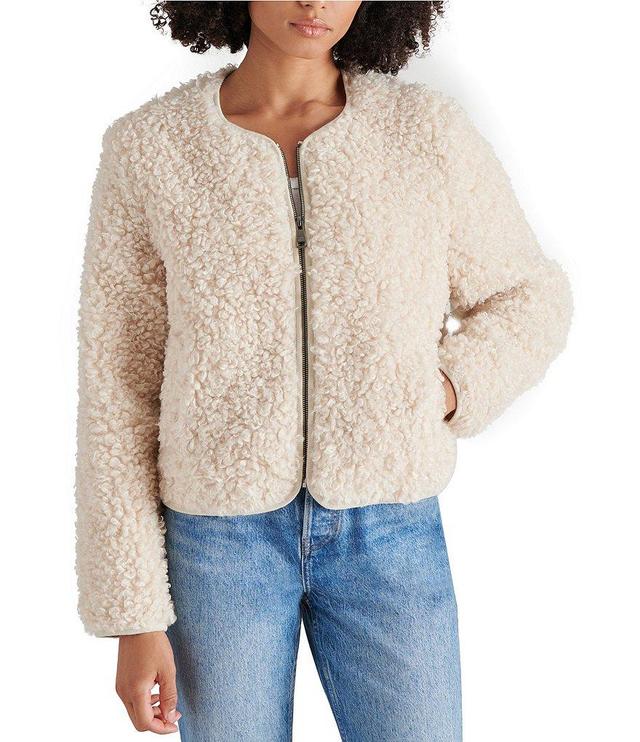 Steve Madden Teddy Sherpa Round Neck Long Sleeve Front Zipper Jacket Product Image