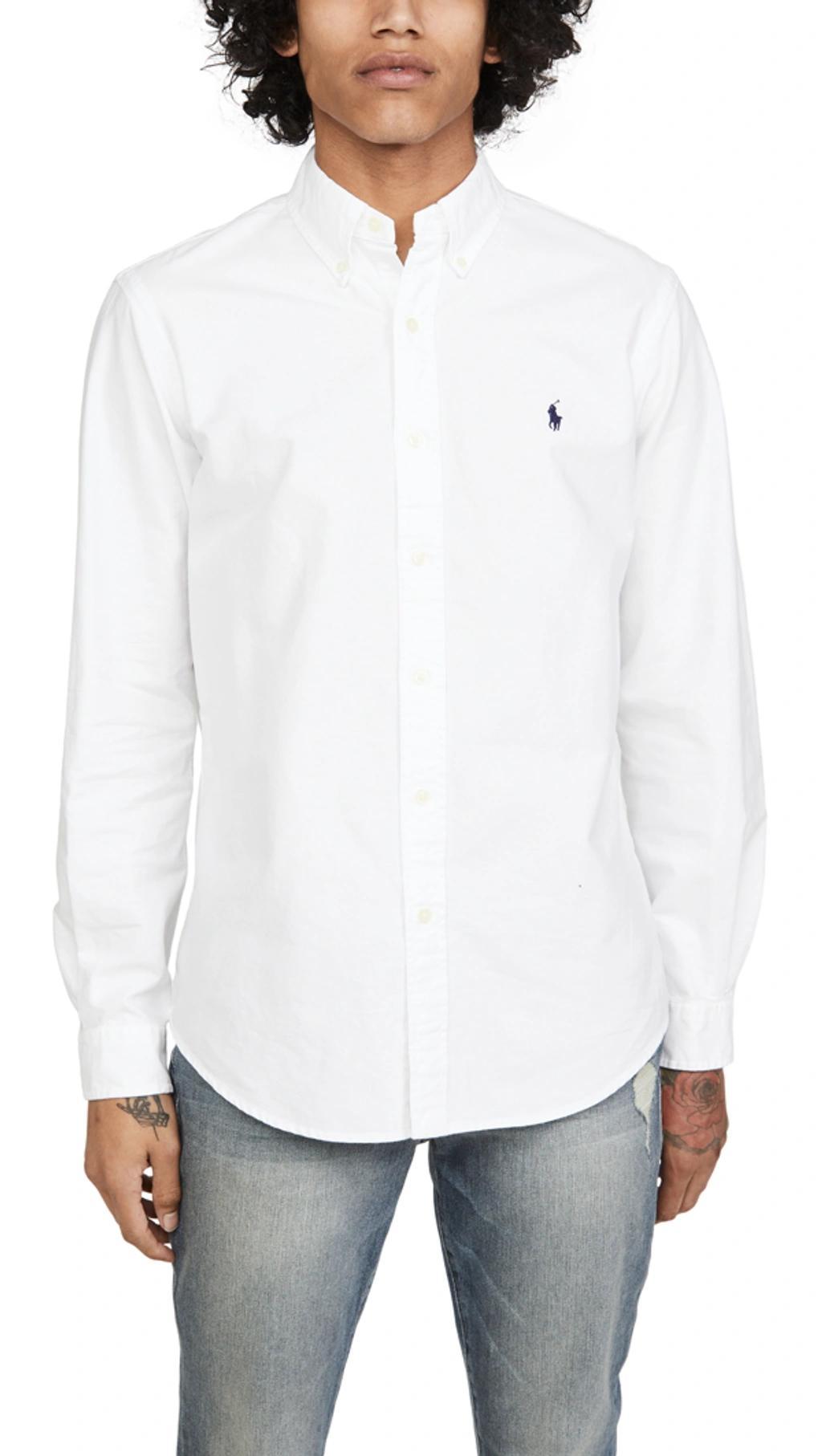 Classic Fit Long Sleeve Cotton Oxford Button Down Shirt In White/dark Blue Product Image