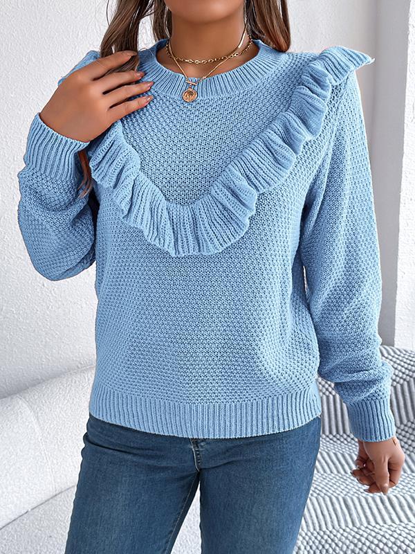 Long Sleeves Loose Ruffle Trim Solid Color Split-Joint Round-Neck Pullovers Sweater Tops Product Image