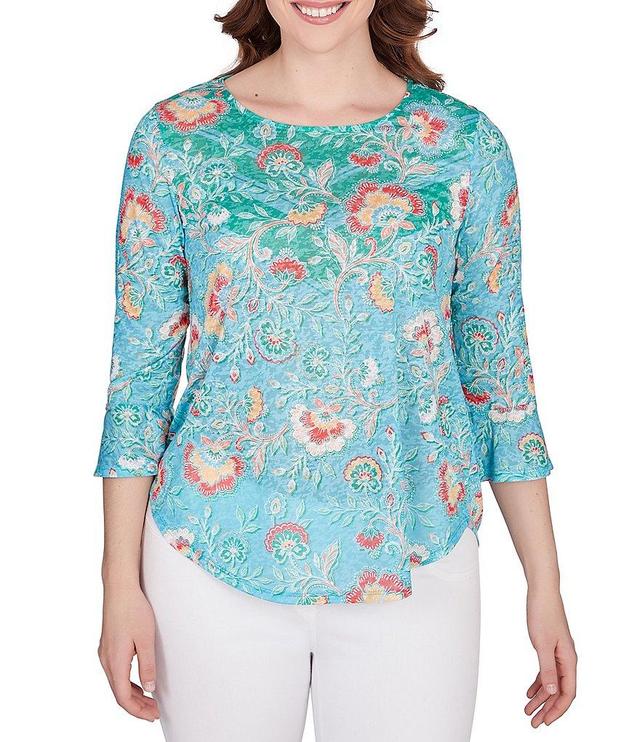 Ruby Rd. Knit Floral Print Crew Neck 3/4 Sleeve Top Product Image