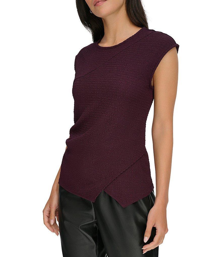 Calvin Klein Solid Knit Crew Neck Cap Sleeves Asymmetrical Hem Top Product Image